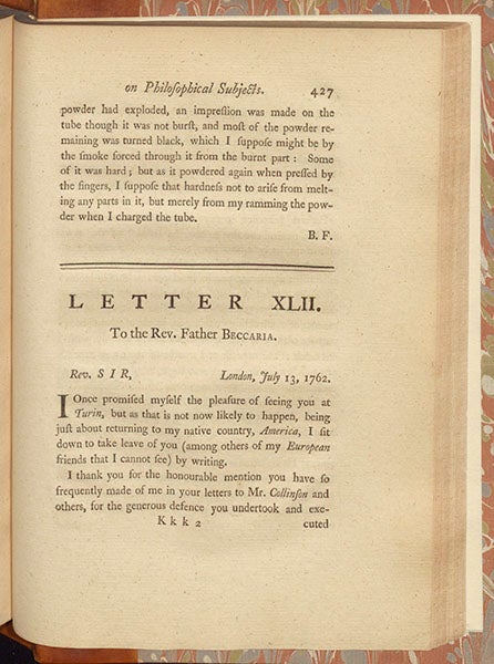 Opening page of Benjamin Franklin’s letter to Giambattista Beccaria, dated July 13, 1762, announcing his invention of the glass Armonica, in Franklin’s Experiments and Observations on Electricity, 4thh ed., 1769 (Linda Hall Library)