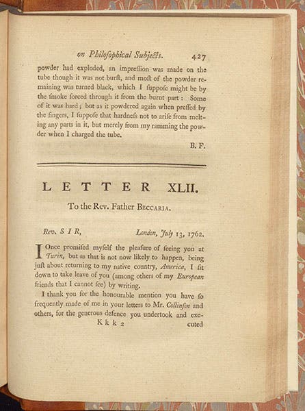 Opening page of Benjamin Franklin’s letter to Giambattista Beccaria, dated July 13, 1762, announcing his invention of the glass Armonica, in Franklin’s Experiments and Observations on Electricity, 4thh ed., 1769 (Linda Hall Library)