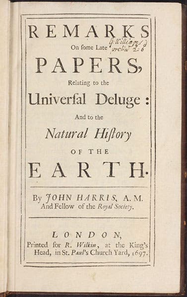 Title page, Remarks On some Late Papers, Relating to the Universal Deluge: And to the Natural History of the Earth, by John Harris, 1697 (Linda Hall Library)