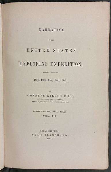Title page, Narrative of the United States Exploring Expedition, by Charles Wilkes, 1845, quarto ed., vol. 3 (Linda Hall Library)