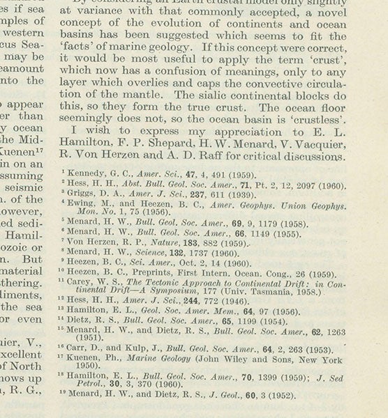 Last page of Robert Dietz paper, where various people are thanked for “critical discussions;” the name of Harry Hess is not included; Nature, vol. 190, 1961 (Linda Hall Library)