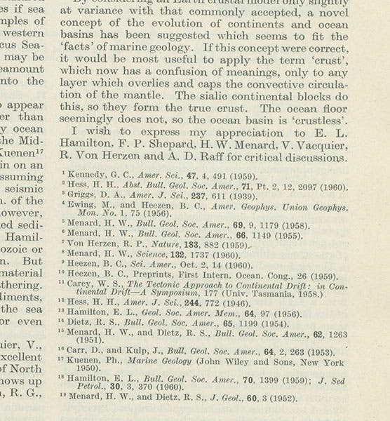 Last page of Robert Dietz paper, where various people are thanked for “critical discussions;” the name of Harry Hess is not included; Nature, vol. 190, 1961 (Linda Hall Library)