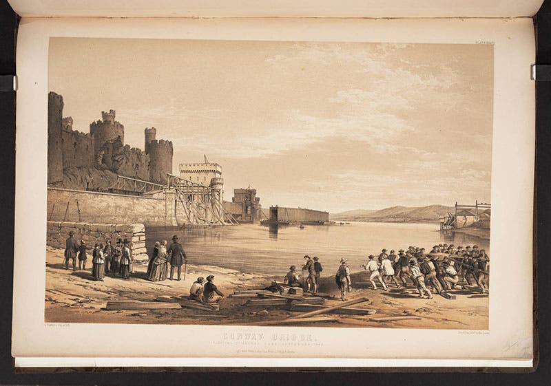 Floating a tube, The Britannia and Conway Tubular Bridges (1850) (Linda Hall Library)
