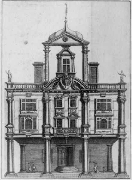 Exterior of the Dorset Garden Theater, where The Virtuoso was performed in 1676, from a libretto of 1673 (Wikimedia commons)