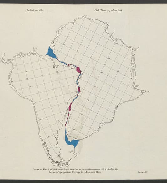 South America and Africa joined at 500-fathom depth, computer-generated map programmed by Jim Everett, in <i>Philosophical Transactions of the Royal Society of London</i>, vol. 258A, 1965 (Linda Hall Library)