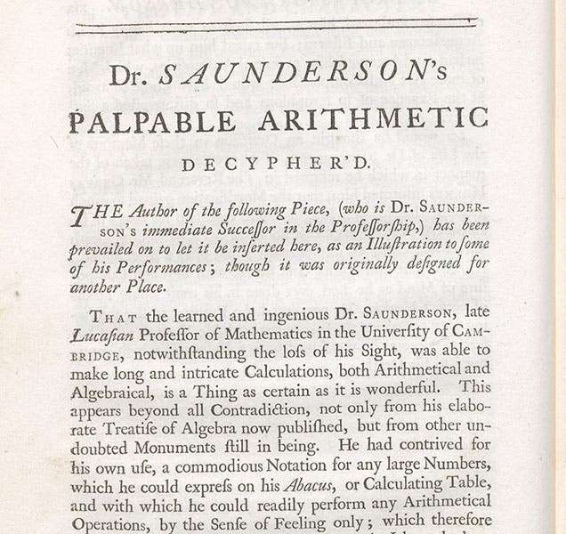Introduction to “Palpable Arithmetic,” The Elements of Algebra, by Nicholas Saunderson, vol. 1, 1740 (Linda Hall Library)