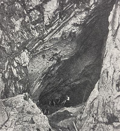 Goat’s Hole, part of the Paviland Cave system, Gower Peninsula, Wales, where the Red Lady of Paviland was discovered in 1823, photograph in “Paviland Cave: An Aurignacian station in Wales,” by William J. Sollas, Journal of the Royal Anthropological Institute, vol. 43, plate 21, fig. 4, 1913 (Linda Hall Library)