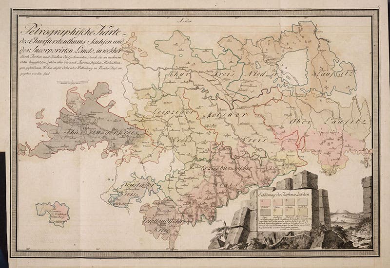 Geological map of  Saxony, hand-colored engraving in Johann von Charpentier, Mineralogische Geographie der Chursächsischen Lande, 1778 (Linda Hall Library)