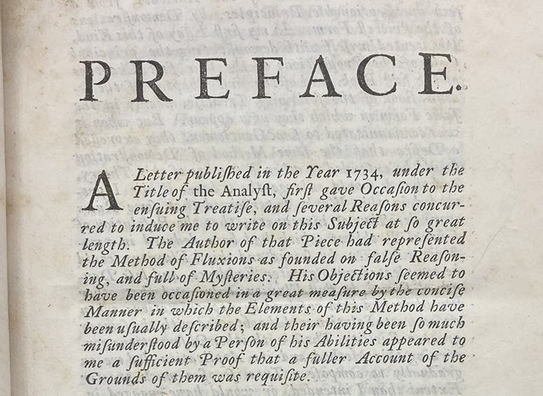 Opening paragraph of the preface, mentioning The Analyst of 1734 as the inspiration for his book, in A Treatise of Fluxions, by Colin Maclaurin, 1742 (Linda Hall Library)