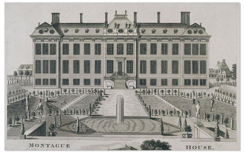 Montagu House, home of the British Museum when it opened its doors, Jan. 15, 1759; engraving, 1714, British Museum (britishmuseum.org)