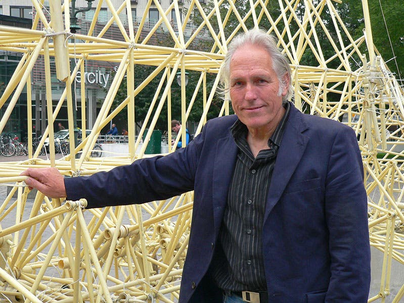 Theo Jansen with one of his creations, photograph, 2007 (Wikimedia commons)