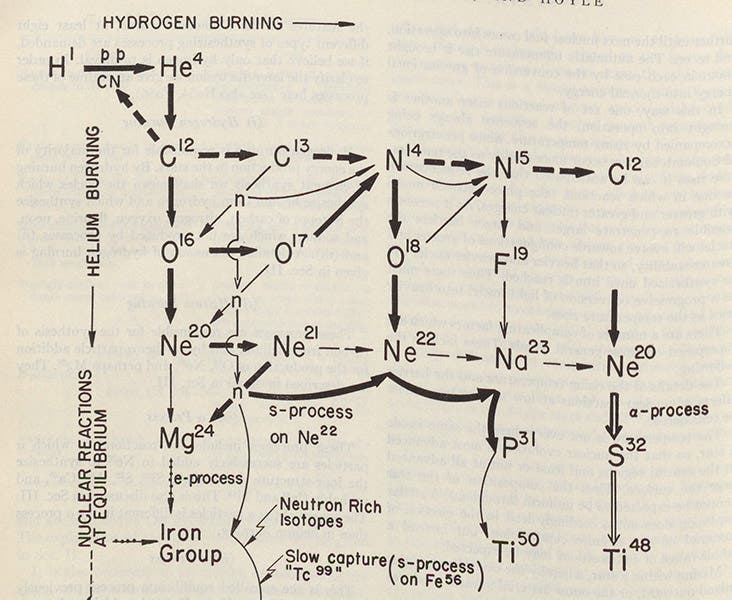 Detail of a chart of the various paths of stellar nucleosynthesis, as identified by the Burbidges, Fowler, and Hoyle in the B2FH paper, Reviews of Modern Physics, vol. 29, 1957 (Linda Hall Library)