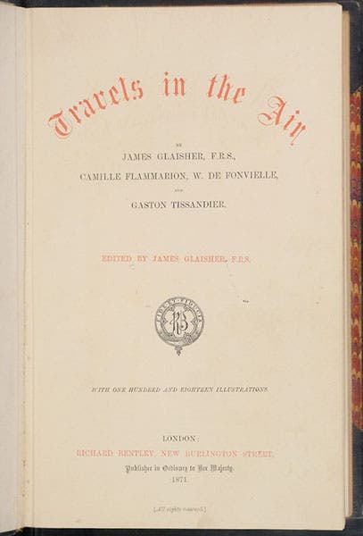 Title page of Travels in the Air, ed. by James Glaisher, also including accounts of the balloon flights of Camille Flammarion, Gaston Tissandier, and Wilfrid de Fonvielle, 1871 (Linda Hall Library)