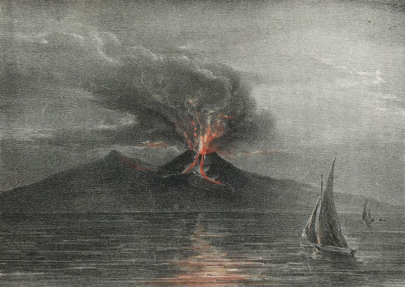 Erupting Vesuvius from a distance at night, Feb. 27, 1832, hand-colored lithograph, from John Auldjo, Sketches of Vesuvius, 1832 (Linda Hall Library)