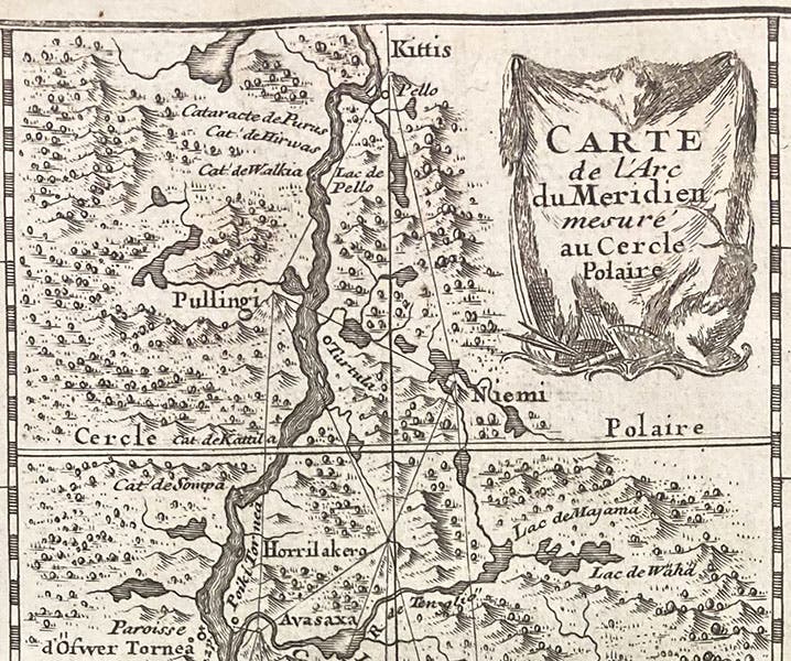 Detail of map of Lapland, showing series of triangulations made to determine the length of a degree of latitude, La figure de la terre, déterminée par les observations de Messieurs de Maupertuis, Clairaut, Camus, Le Monnier ... & de M. l'Abbé Outhier ... accompagnes de M. Celsius ... faites par ordre du roy au cercle polaire, plate 1 at end, 1738 (The Linda Hall)