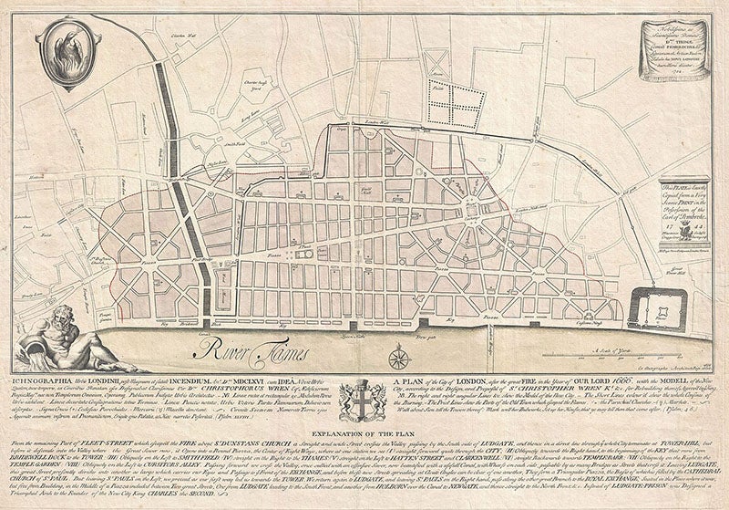 Christopher Wren’s plan for rebuilding London after the Great Fire, a 1744 copy of a 1724 copy of the lost original of 1666, Geographicus Rare Antique Maps (Wikimedia commons)