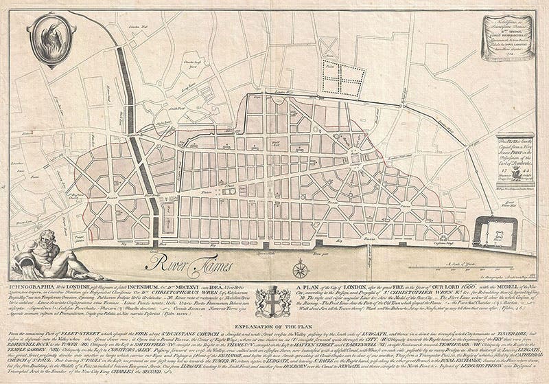 Christopher Wren’s plan for rebuilding London after the Great Fire, a 1744 copy of a 1724 copy of the lost original of 1666, Geographicus Rare Antique Maps (Wikimedia commons)