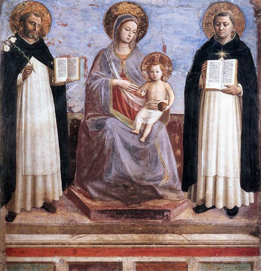<i>Virgin and Child with Saints Dominic and Thomas Aquinas</i>, by Fra Angelico, ca 1445, with Thomas Aquinas at left, fresco transferred to canvas, The Hermitage, St. Petersburg (wga.hu)