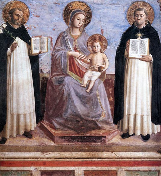 <i>Virgin and Child with Saints Dominic and Thomas Aquinas</i>, by Fra Angelico, ca 1445, with Thomas Aquinas at left, fresco transferred to canvas, The Hermitage, St. Petersburg (wga.hu)