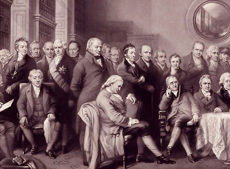 Detail of Men of Science Living in 1807-8, showing a number of chemists; William Allen is at top center, looking straight out at the viewer, directly above the sleeping Henry Cavendish; a petite Humphry Davy is four to the right of Allen, just above a seated John Dalton; engraving by William Walker, 1862, National Portrait Gallery, London (npg.ork.uk)