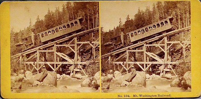 Stereocard of Mount Washington Cog Railway engine and coach, issued by the Kilburn Brothers, ca 1870 (Leo Boudreau on flickr.com)