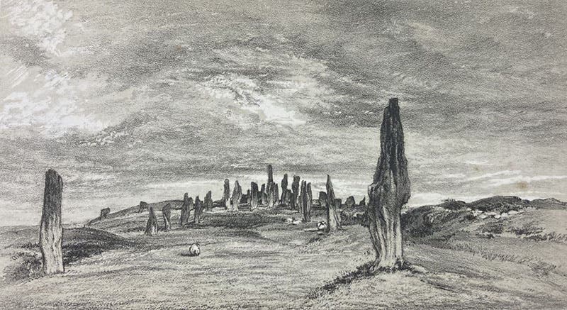 The Callanish stones on the island of Lewes, lithograph frontispiece in Prehistoric Annals of Scotland, by Daniel Wilson, vol. 1, 1863 (Linda Hall Library)