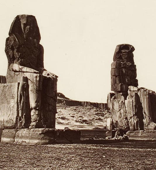 The Colossi of Memnon on the plains of Thebes, detail of photograph by William de Wiveleslie Abney, in his Thebes and its Five Greater Temples, page 2r, 1876, University Library, Heidelberg (digi.ub.uni-heidelberg.de)