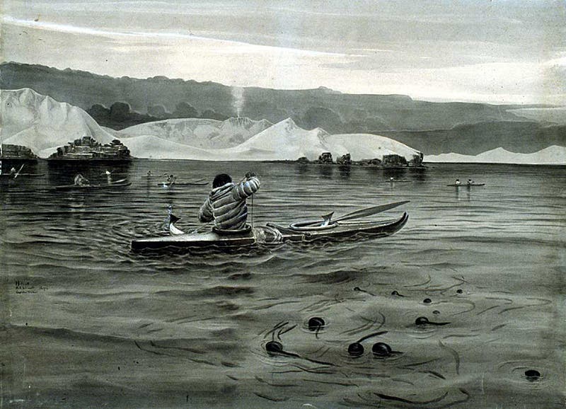 “Fishing from kaiaks, Captains Harbour,” watercolor by Henry Wood Elliott, 1872, National Anthropological Archives, Smithsonian Institution (web.archive.org)