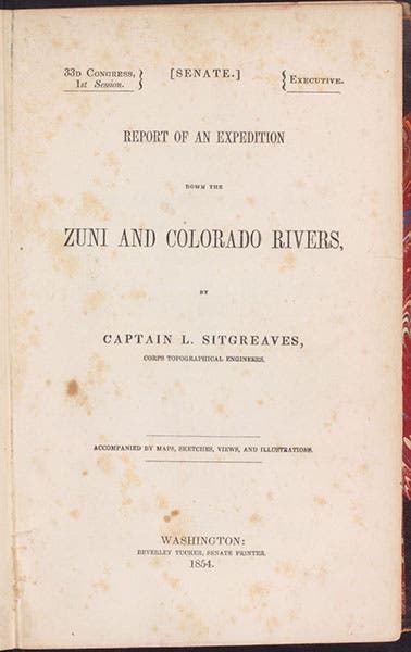 Title page, Report of an Expedition down the Zuni and Colorado Rivers, by Lorenzo Sitgreaves, 1854 (Linda Hall Library)