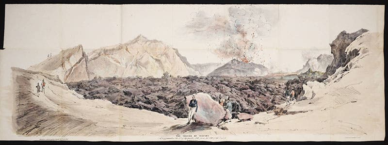 Panoramic view of the Vesuvius crater, Sept. 18, 1831, with Auldjo in the center (see detail, first image), and others of his party wandering about, folding hand-colored lithograph, from John Auldjo, Sketches of Vesuvius, 1832 (Linda Hall Library)