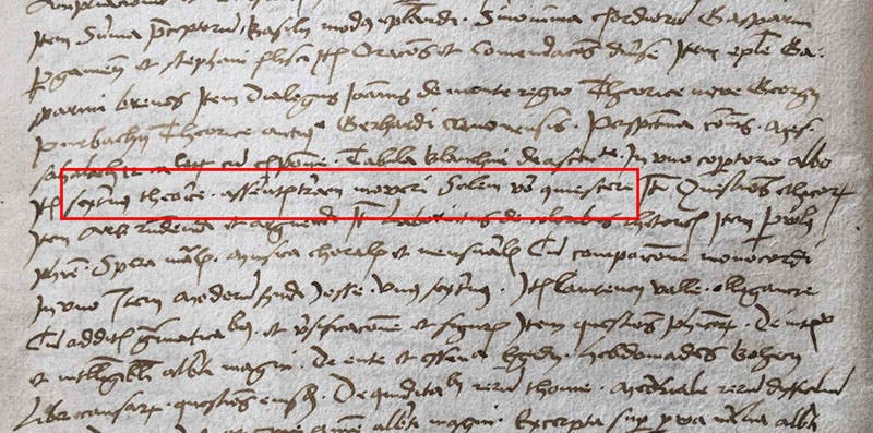 Excerpt from Miechowita’s library catalog, where he notes his ownership of a copy of Copernicus’s Commentaliolus with the entry: “sexternus theorice asserentis terram moveri Solem vero quiescere.” (Jagiellonian Library, photo by Karl Galle)