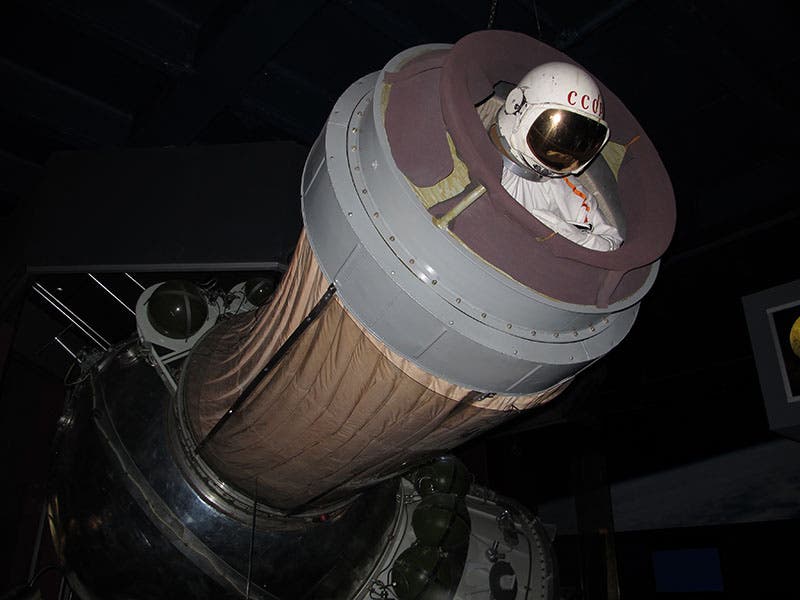 Flight-ready backup of Voskhod spacecraft with airlock inflated, on display at the Cosmosphere, Hutchinson, Kansas (photo by Kelly Michaels on flickr.com)