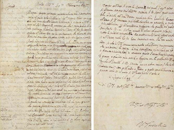 Autograph letter from Evangelista Torricelli to Michelangelo Ricci, June 11, 1644, in which Torricelli reveals that he has produced a vacuum in the sealed top of a glass tube filled with mercury, and surmises that atmospheric air has weight (Museo Galileo)