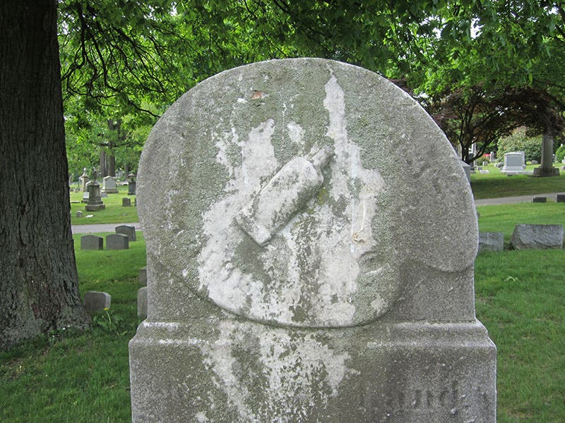 Top of the gravestone of John Goffe Rand, showing a paint tube, Woodlawn Cemetery, Bronx, New York (findagrave.com)