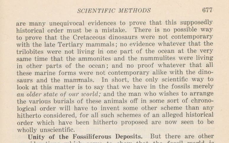 Paragraph of text from the concluding chapter, suggesting that all fossils – mammals, dinosaurs, and trilobites – were contemporary, in The New Geology, by George McCready Price, p. 677, 1923 (Linda Hall Library)