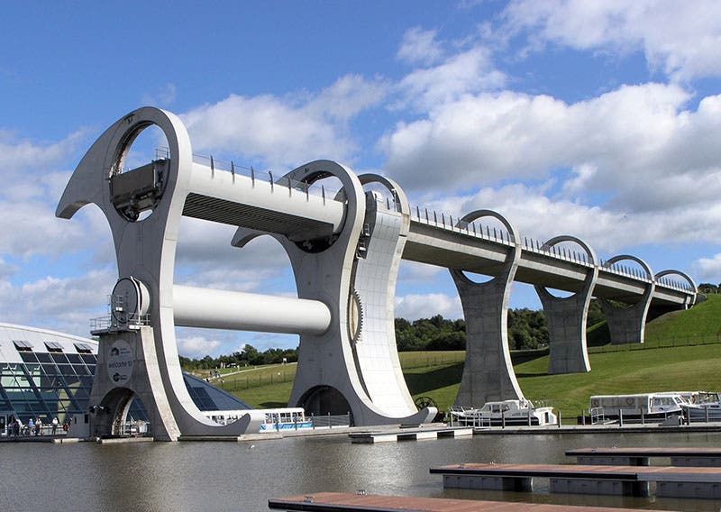 Falkirk Wheel, joining the Forth and Clyde Canal and the Union Canal at Falkirk, Scotland, opened 2002 (rmjm.com)