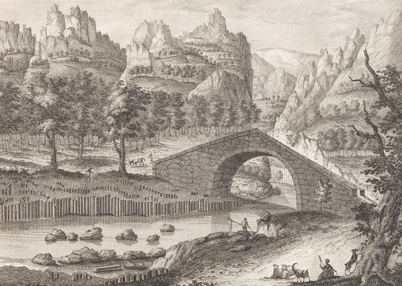 Prismatic basalt cut through by a river, detail of an engraving, Barthélemy Faujas-de-Saint-Fond, Recherches sur les volcans éteints du Vivarais et du Velay, 1778 (Linda Hall Library)