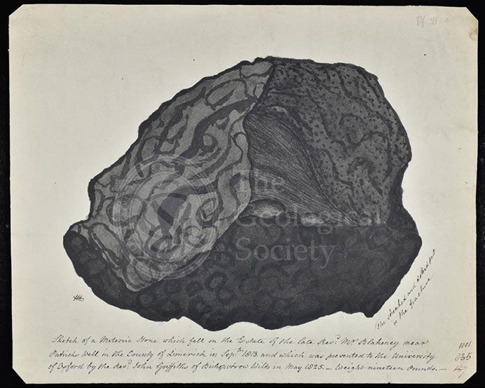 A piece of the Limerick meteorite, which fell in 1813 in Ireland, painting of the specimen in the collection of the Geological Society of London, 1825 (gslpicturelibrary.org)