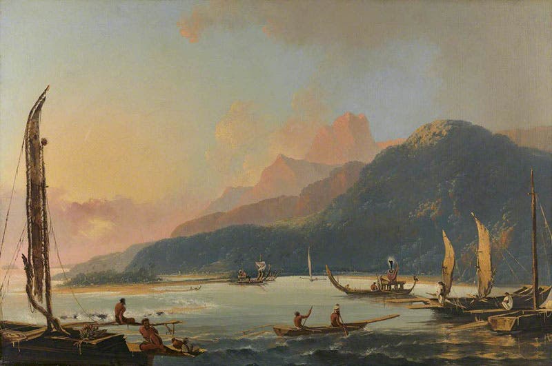 A View of Matavai Bay in the Island of Otaheite [Tahiti], oil on canvas, by William Hodges, 1776, Yale Center for British Art (britishart.yale.edu)