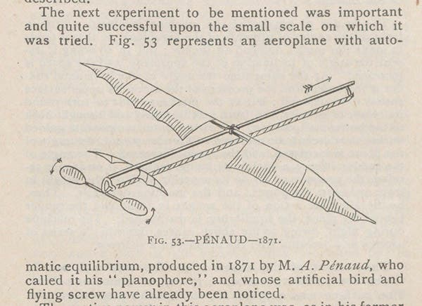 Pénaud’s “Planophore,” a model aircraft powered by twisted rubber cords, 1871, from Octave Chanute, Progress in Flying Machines, 1894 (Linda Hall Library)