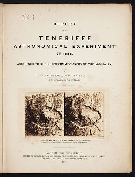 Title page, with stereograph vignette of the Teide crater, Report on the Teneriffe Experiment, 1858 (Linda Hall Library)