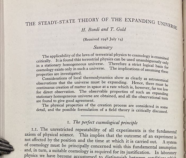 First page of paper on the Steady State theory, by Hermann Bondi and Thomas Gold, Monthly Notices of the Royal Astronomical Society, vol. 108, 1948 (Linda Hall Library)