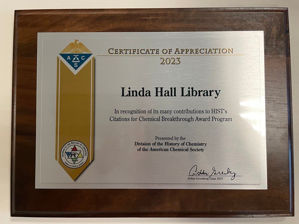 American Chemical Society Certificate of Appreciation for Linda Hall Library Digital Initiatives Unit