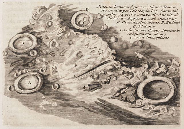 Lunar crater Plato and the Alpine Valley, engraving from Francesco Bianchini, <i>Hesperi et Phosphori</i>, 1728 (Linda Hall Library)