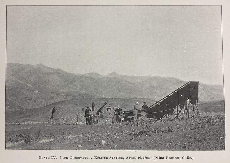 40-foot eclipse camera, designed by J. M. Schaeberle and set up at Mina Bonces, Chile, “Report on the total eclipse of the Sun, observed at Mina Bronces, Chile, on April 16, 1893,” by J. M. Schaeberle, Contributions from the Lick Observatory, no. 4, pl. 4, p. 33, 1895 (Linda Hall Library)