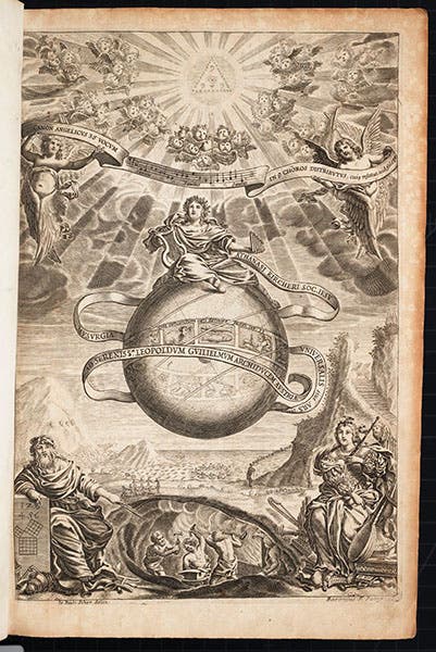 Engraved title page, with Pythagorean vignette at bottom (see detail, next image), Musurgia universalis, by Athanasius Kircher, 1650 (Linda Hall Library)