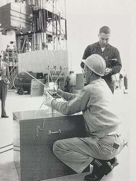 Vanguard 1 on the launch pad, looking like a miniature Chicago “Bean,” undated photograph in Vanguard I: Proposal, Installation, Launch and Selected Results: Launched March 17, 1958, by Roger Easton and Martin Votaw, Nov. 2006 (Linda Hall Library)