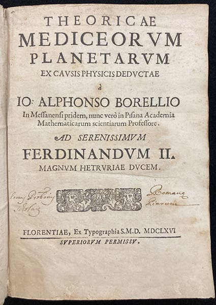 Title page, Theoricae Mediceorvm planetarvm ex cavsis physicis dedvctae, by Giovanni Alfonso Borelli, 1666 (Linda Hall Library)