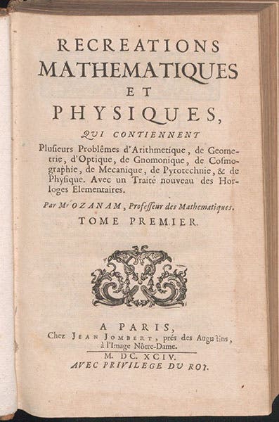 Title page, Recreations mathematiques et physiques, by Jacques Ozanam, vol. 1 (Linda Hall Library)