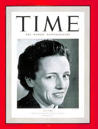 Eve Curie on the cover of Time, Feb. 12, 1940 (time.com)
